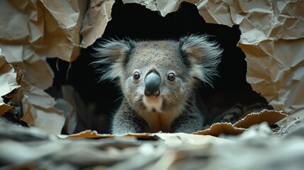   A koala peeks out from a paper hole, its mouth agape - obrazy, fototapety, plakaty