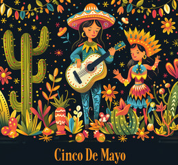 Illustration of two women celebrating Cinco de Mayo, one playing a guitar, surrounded by cacti and floral patterns.