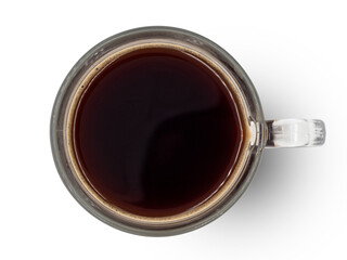 top view, hot coffee cup with black coffee isolated on background with clipping path..