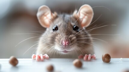   A tight shot of a mouse by a table, focusing on nuts within reach Background softly blurred