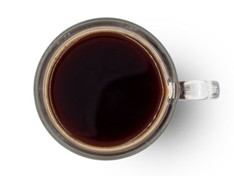 top view, hot coffee cup with black coffee isolated on background with clipping path..