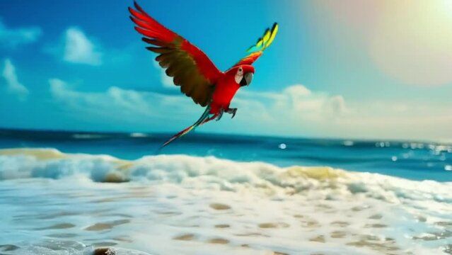 macaw parrot flying over the beach
