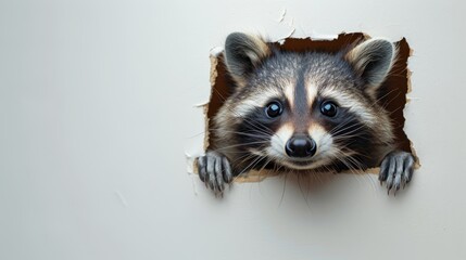   A raccoon poises at the edge of a hole in the wall, its paws gripping the rim