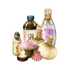 Watercolor hand drawn illustration of spa bottles, salt, herbal massage bags and candle isolated on a white background.