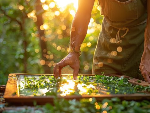 Constructing a Solar Oven for Eco-Friendly Cooking in the Wilderness - Sustainability - Outdoor Cooking Photography with Chef Arranging Ingredients in Sun-Powered Oven - Sunlight Focused on Reflective