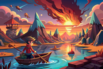  a boy travels on a wooden boat through a beautiful world with an unusual color water surface, an ever-setting sun, a large active volcano and rocky mountains the color of the desert