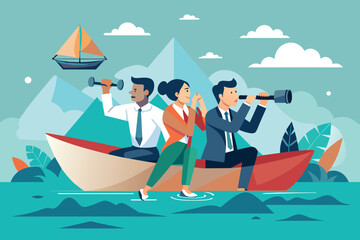 Business Training. Coaching. Teams of employees in office clothes rafting down a mountain river against a backdrop of mountains and forest in search of a direction or a way out of a situation