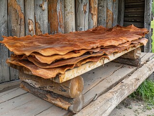 Tanning Animal Hides for Clothing and Shelter - Resourceful Crafting - Survival Skills Photography with Tanners Stretching Hide Over Wooden Frame - Sunlight Drying Tanned Leather
