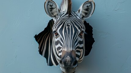 Obraz premium A near view of a zebra's head against a blue wall, revealing a circular hole in the wall beside it