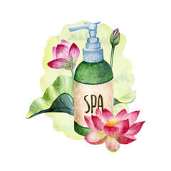 Hand drawn watercolor composition of green spa bottle and lotus flowers isolated on a white background.