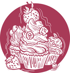 Sweet tasty dessert cupcake with cream and deco for morning breakfast in café or restaurant. Mini birthday cake for pleasure. Hand drawn retro vintage colorful vector illustration. Old style drawing.