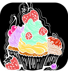 Sweet tasty dessert cupcake with cream and deco for morning breakfast in café or restaurant. Mini birthday cake for pleasure. Hand drawn retro vintage colorful vector illustration. Old style drawing.