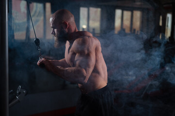 Bald Caucasian Bodybuilder doing heavy triceps exercises with cable. 