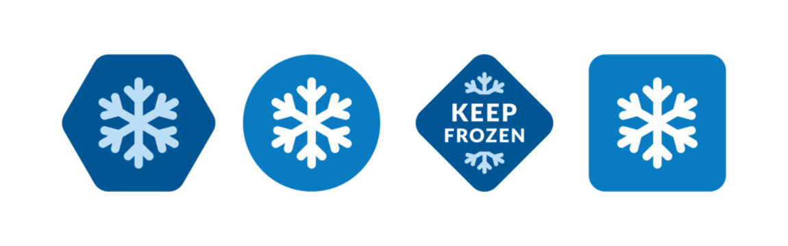 Keep frozen food vector labels. Blue snowflake flat icon symbol for packages, stickers, web, badges, logo, banner, poster.