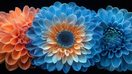  A tight shot of an array of flowers against a black backdrop Blue, orange, and pink blooms predominate in the center