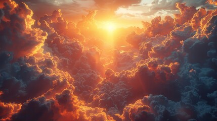   The sun brightly shines, casting rays through clouds in this artful image