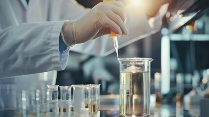 scientist carefully pipetting a sample into a test tube, with a backdrop of a neatly arranged lab bench