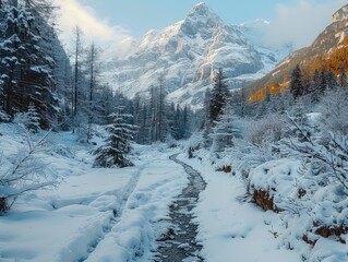 Hiking Amidst Snow-Capped Peaks and Icy Streams - Winter Wonderland - Mountain Trail Photography with Frost-Edged Pathways - Crystal Clear Skies Above 