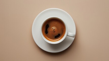 Cup of coffee on beige background. Top view.