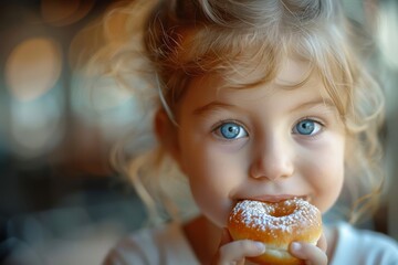 Naklejka premium National Donut Day. Kid with Donut. Child with Donut. Donut close up. Donut portrait. Glazed doughnuts banner collection for cafe decoration or advertising