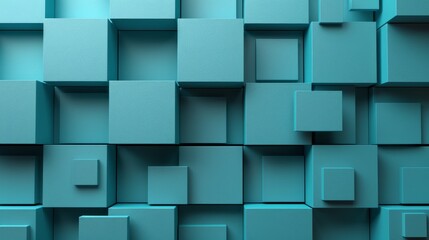   A wall comprised of square and rectangular sections in shades of teal and blue