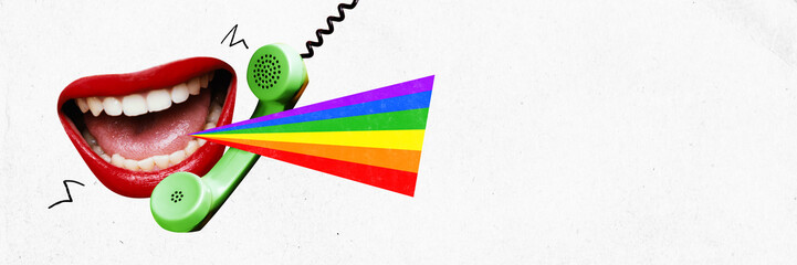 Banner. Contemporary art collage. Mouth speaking to retro landline phone and rainbow lines floating out from it against white background. Concept of human rights, freedom, love diversity celebration.