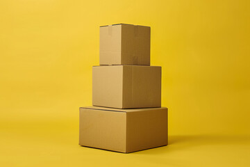 three cardboard boxes stacked on a yellow background