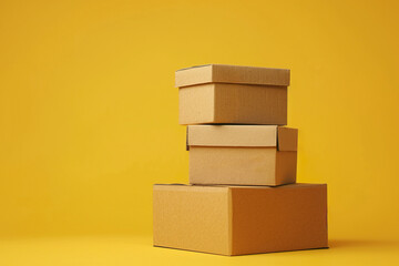three cardboard boxes stacked on a yellow background
