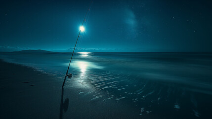 Nighttime beach fishing scene under a starry sky with a glowing horizon