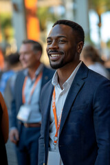 Fototapeta premium A smiling African American businessin a suit walks past a cafe with people socializing outdoors