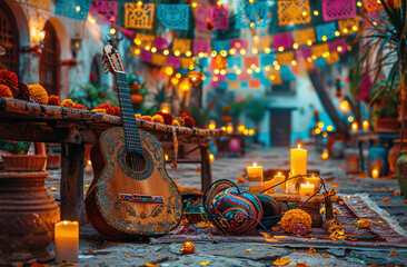 Colorful Day of the Dead altar with guitar, candles, and marigolds in a festive setting
