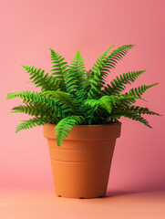 Lush fern in terracotta pot on pink background