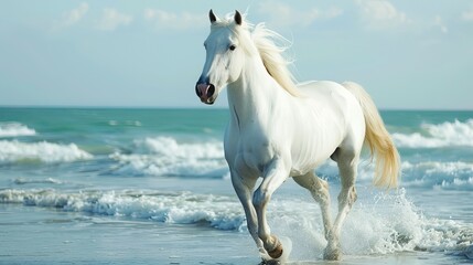 Obraz premium Dramatic portrait of a white horse galloping along the seashore
