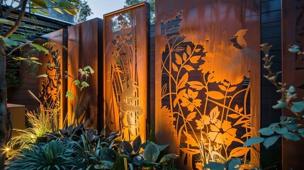 Decorative corten steel garden screens featuring detailed wildlife scenes, set in a modern landscaped backyard with vibrant ornamental plants