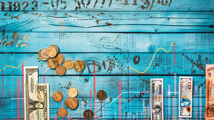 Different money with diagrams on blue wooden background