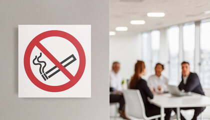 Close up of a no smoking sign on the blurred background of an office. Concept of health, respect...