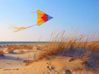 Flying a Kite High Above Sandy Dunes - Freedom - Leisure Activity Photography with Colorful Kite Soaring Against Blue Sky - Wind Whistling Through Kite Strings