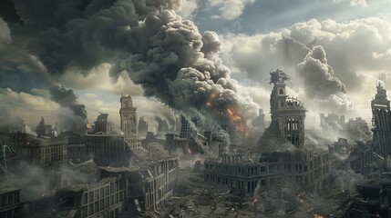 Fototapeta premium Artistic cartoon depiction of a fantasy apocalyptic city
