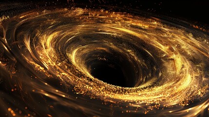 A black hole with golden accretion disks spiraling into darkness, capturing the tension between luminous gold particles and the impenetrable black center.
