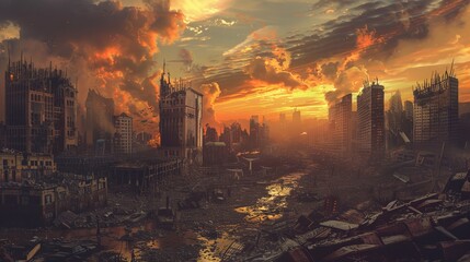 Artistic cartoon depiction of a fantasy apocalyptic city