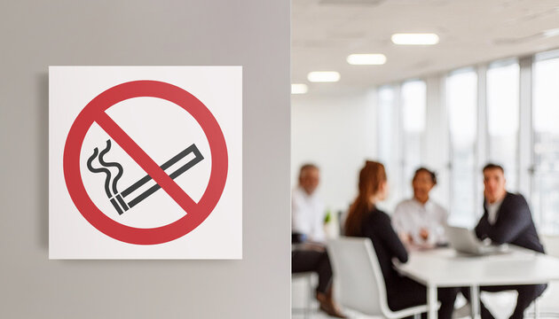 Close up of a no smoking sign on the blurred background of an office. Concept of health, respect for rules, healthy environment and safety at work.