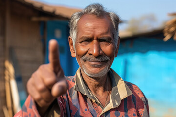 indian senior man showing finger after voting - obrazy, fototapety, plakaty
