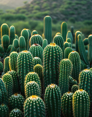 A cluster of vibrant green cacti with sharp spines, highlighted by soft sunlight in a natural setting.