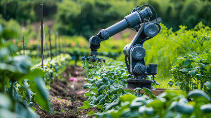 Robot arm machine harvesting hydroponic cabbage - Smart farm and automatic robot mechanical arm harvesting - Futuristic technology concept - Models by AI generative