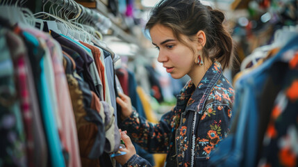 Girl shopping in second hand clothes shop - Old fashion, vintage style and recycle concept - Models by AI generative