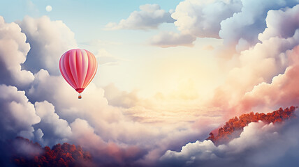 Fototapeta premium A balloon is flying about the sky among the clouds, a background postcard in watercolor style