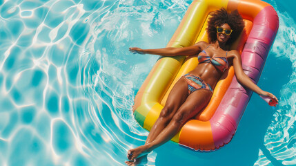 Afro woman sunbathing in the pool in her summer free time - African girl floating on colorful inflatable bed in swimming pool - Holiday vacation and tropical resort concept - Models by AI generative