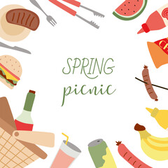 Picnic frame with copy space. Grill, basket, food, Burger, Fruits and gadgets square border. Summer outdoor holiday activity elements. Weekend bbq meal. Vector flat illustration with Space for text