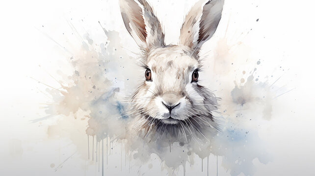 A big-eared hare in splashes of watercolor paints with an expressive look