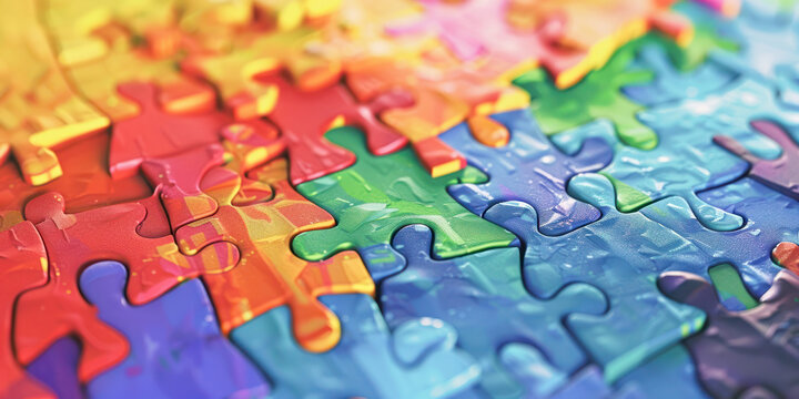 An array of colorful jigsaw puzzle pieces, symbolizing the diversity and complexity of the autism spectrum for Autistic Pride Day.